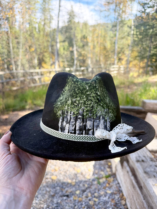 Hand painted black vegan suede ranch hat- summer aspen tree art