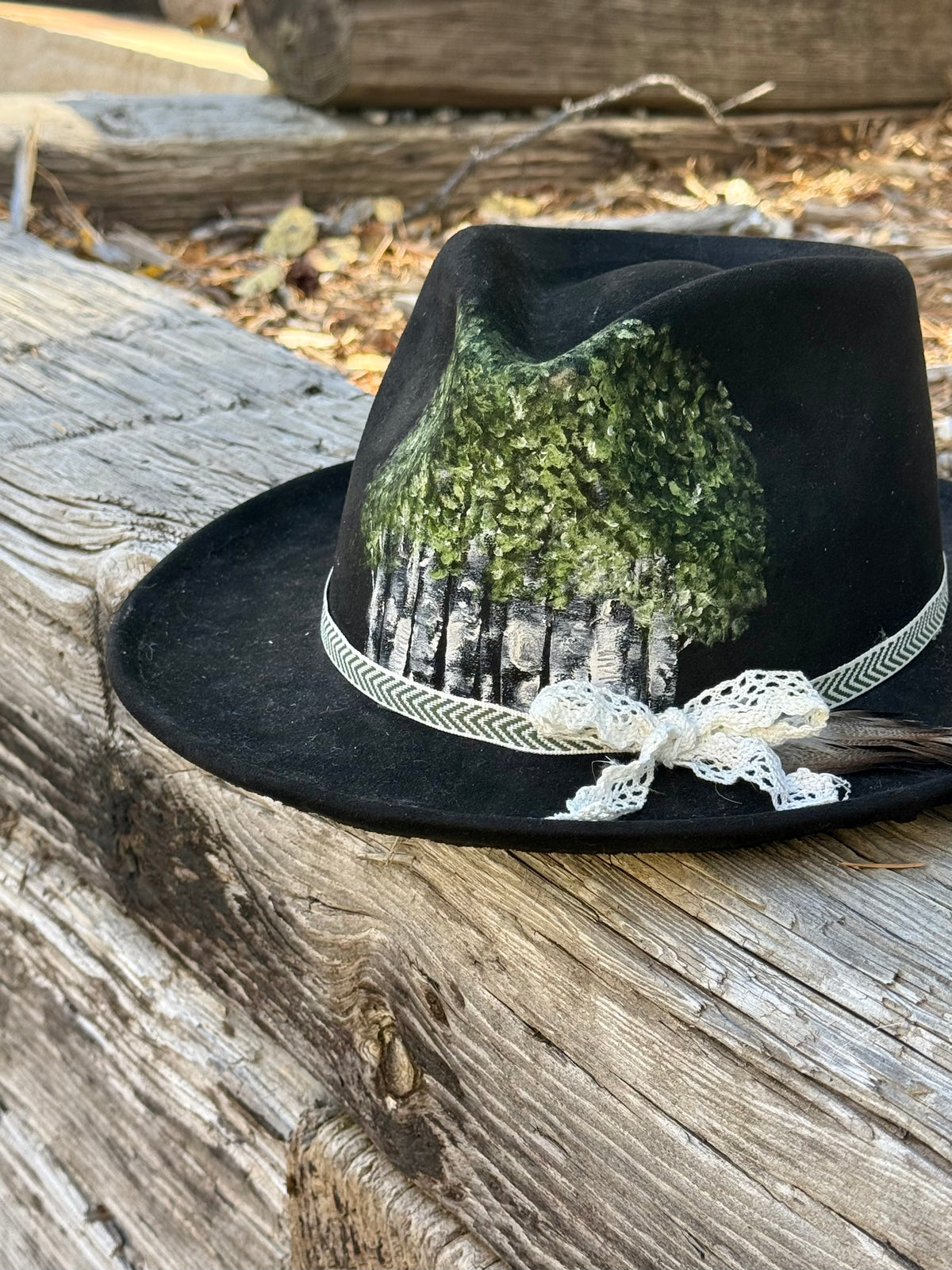 Hand painted black vegan suede ranch hat- summer aspen tree art