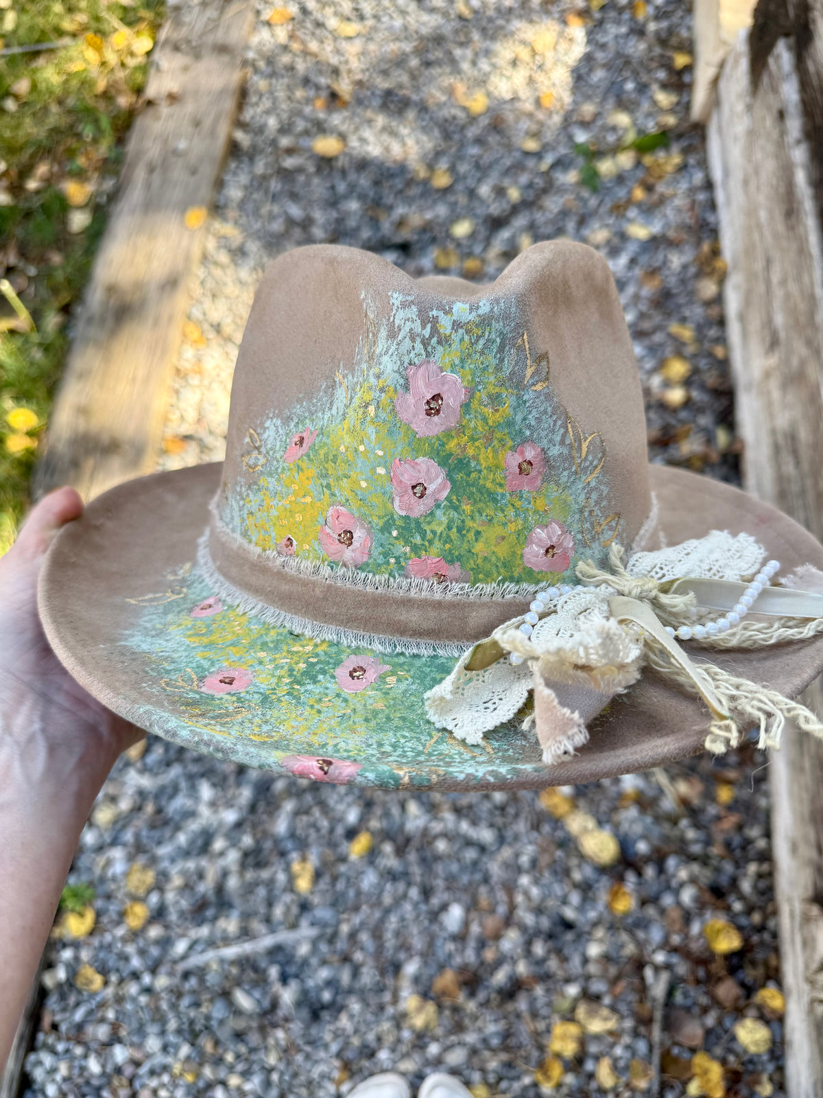 Hand painted small brim rancher hat - cornflower garden