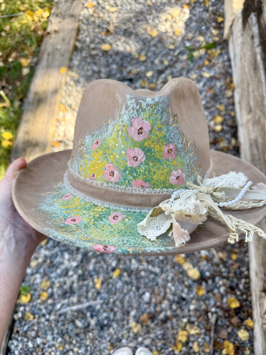 Hand painted small brim rancher hat - cornflower garden