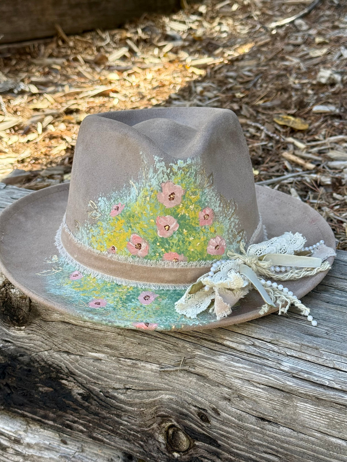 Hand painted small brim rancher hat - cornflower garden