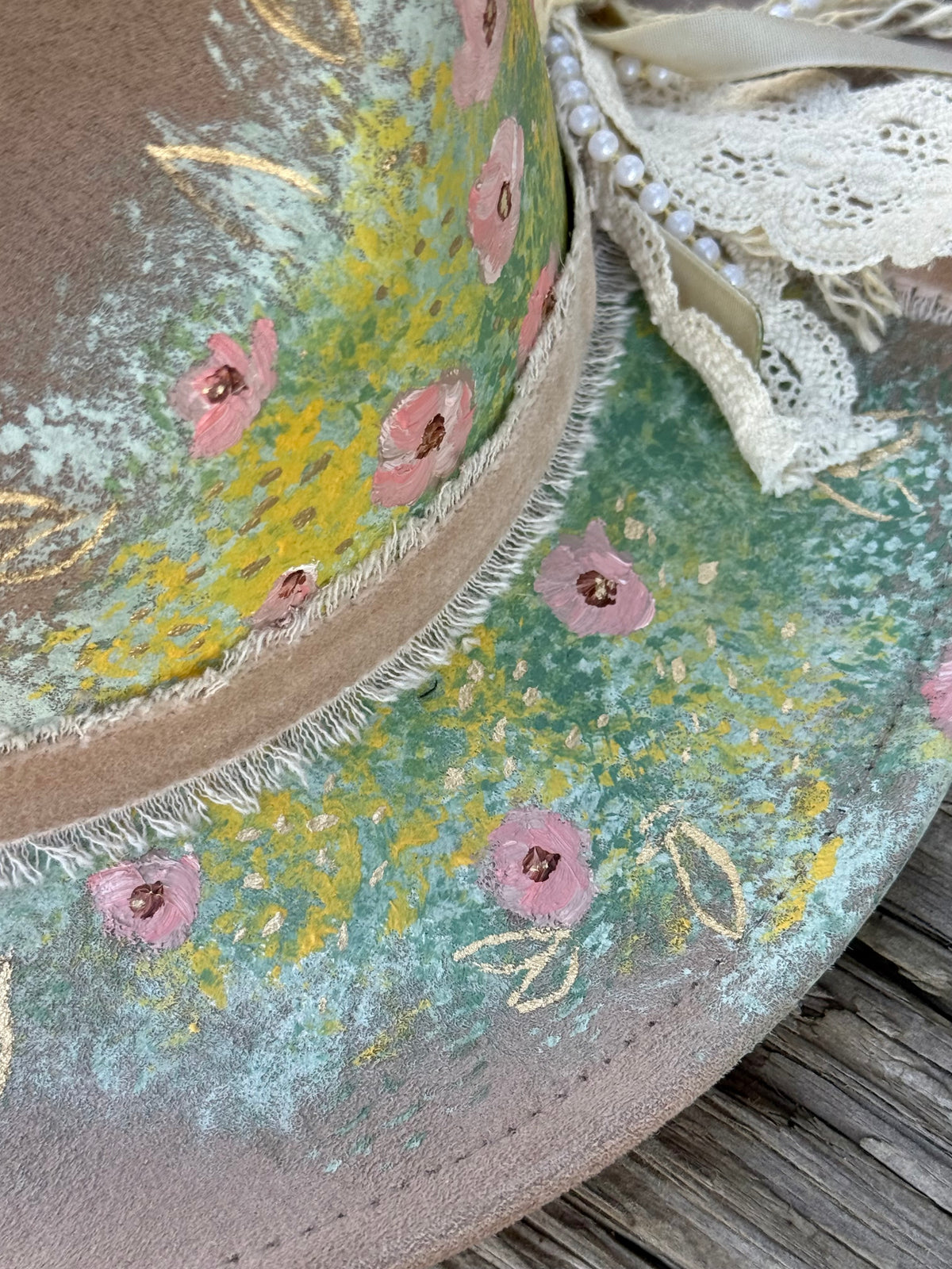 Hand painted small brim rancher hat - cornflower garden