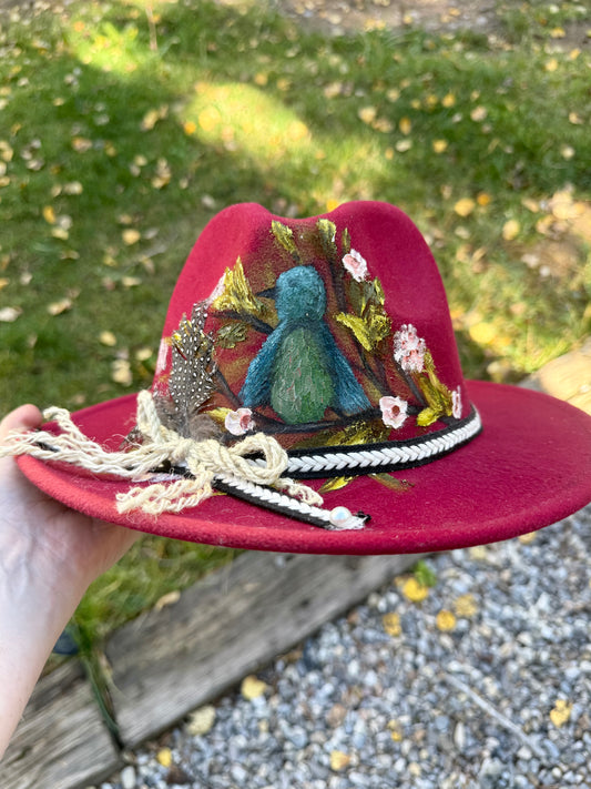 Hand painted small brim rancher hat - birds and floral