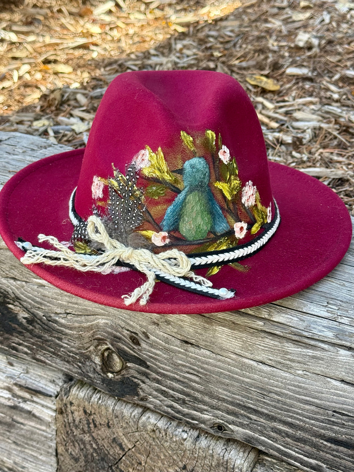 Hand painted small brim rancher hat - birds and floral