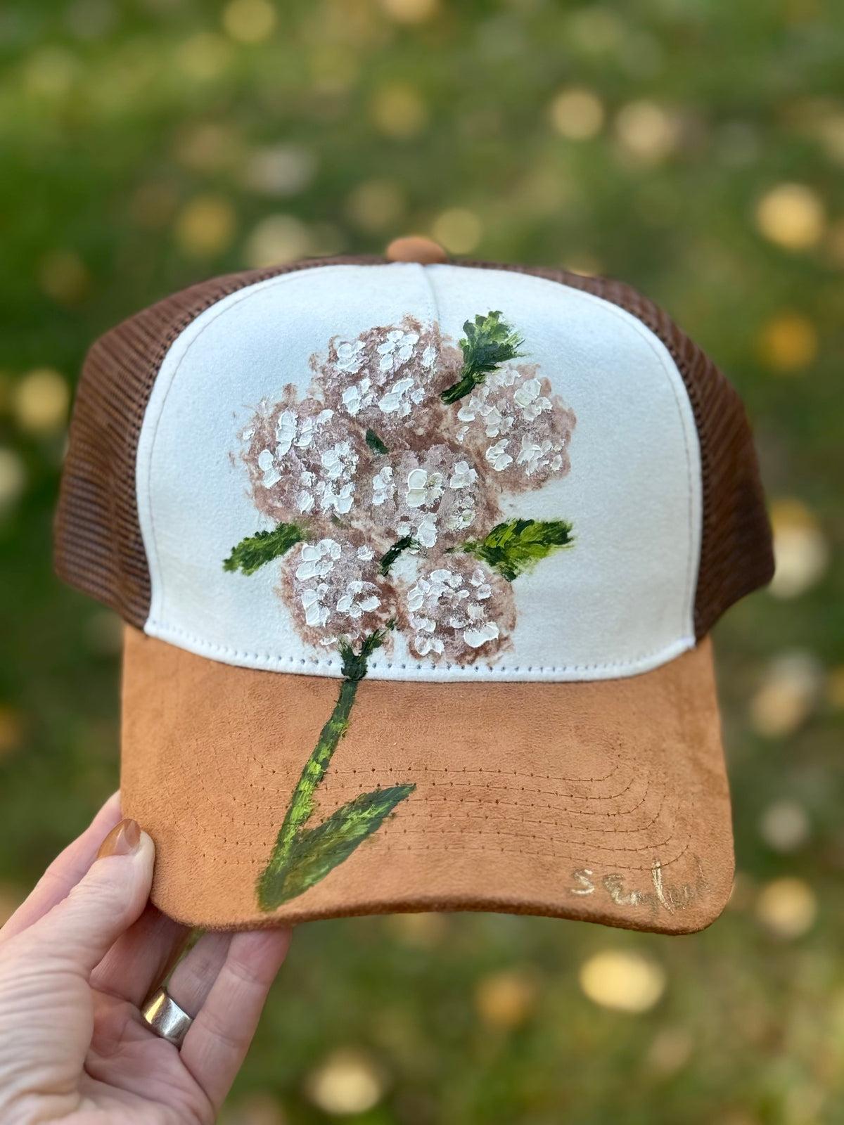 Hand painted cream/brown suede baseball cap - begonia vibes