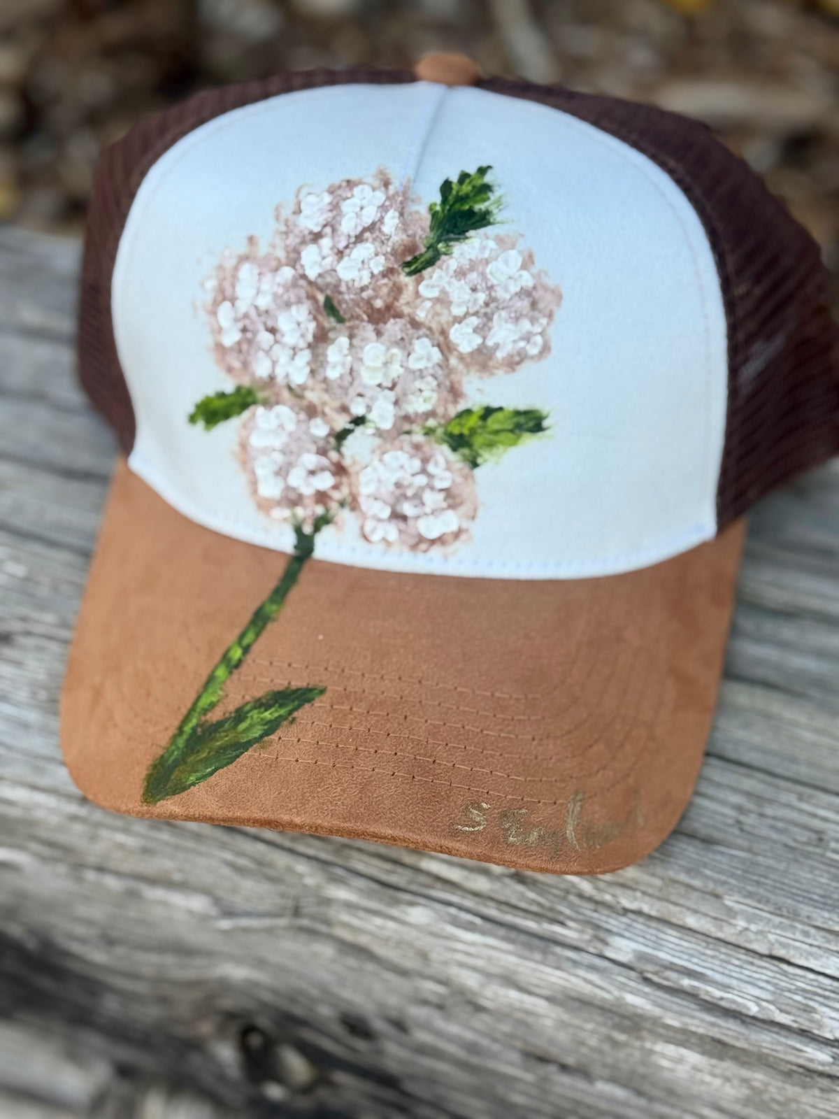 Hand painted cream/brown suede baseball cap - begonia vibes