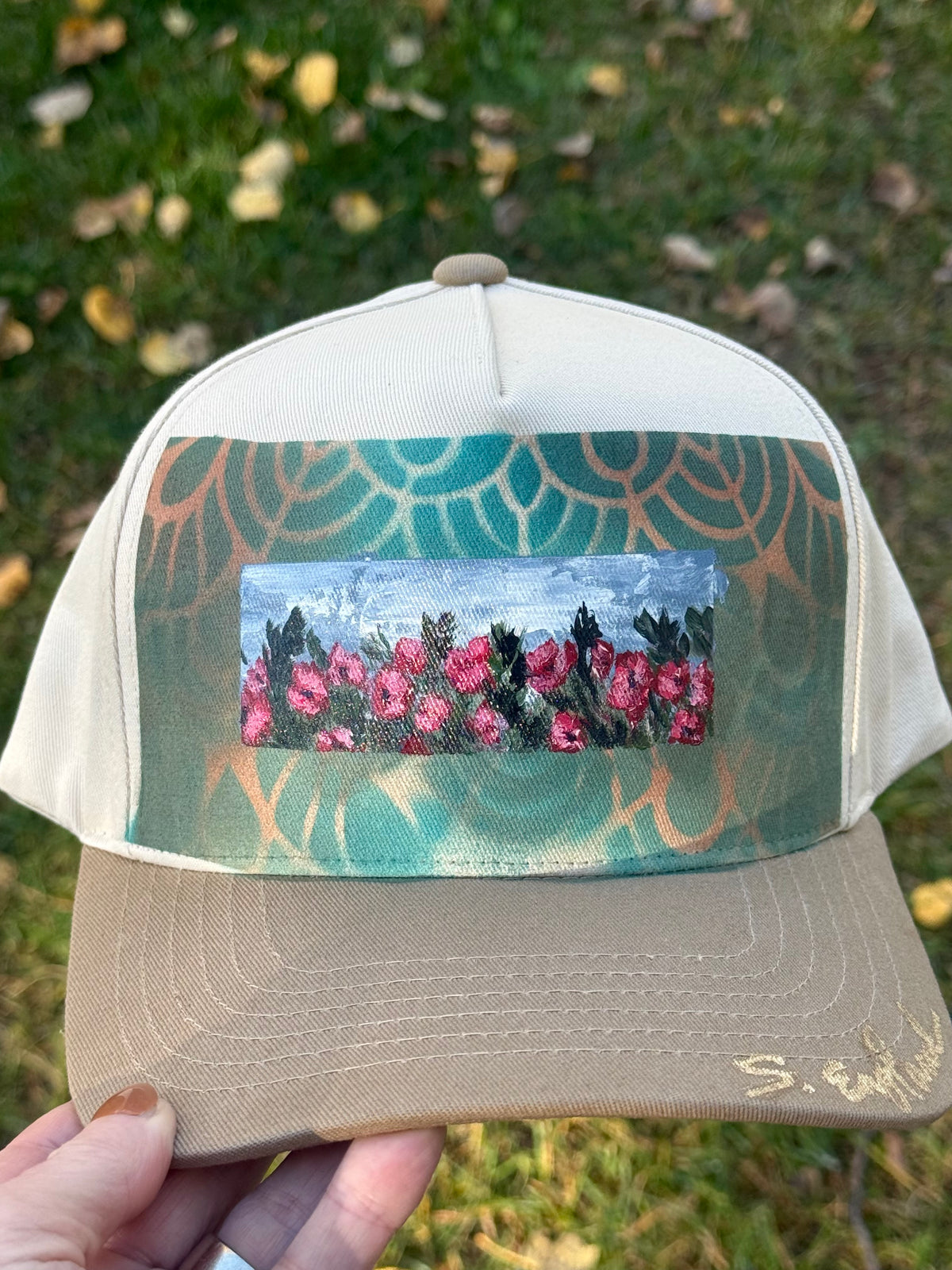 Hand painted cream/tan canvas ball cap- abstract landscape floral art