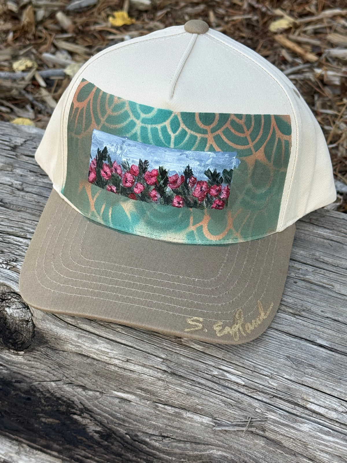 Hand painted cream/tan canvas ball cap- abstract landscape floral art