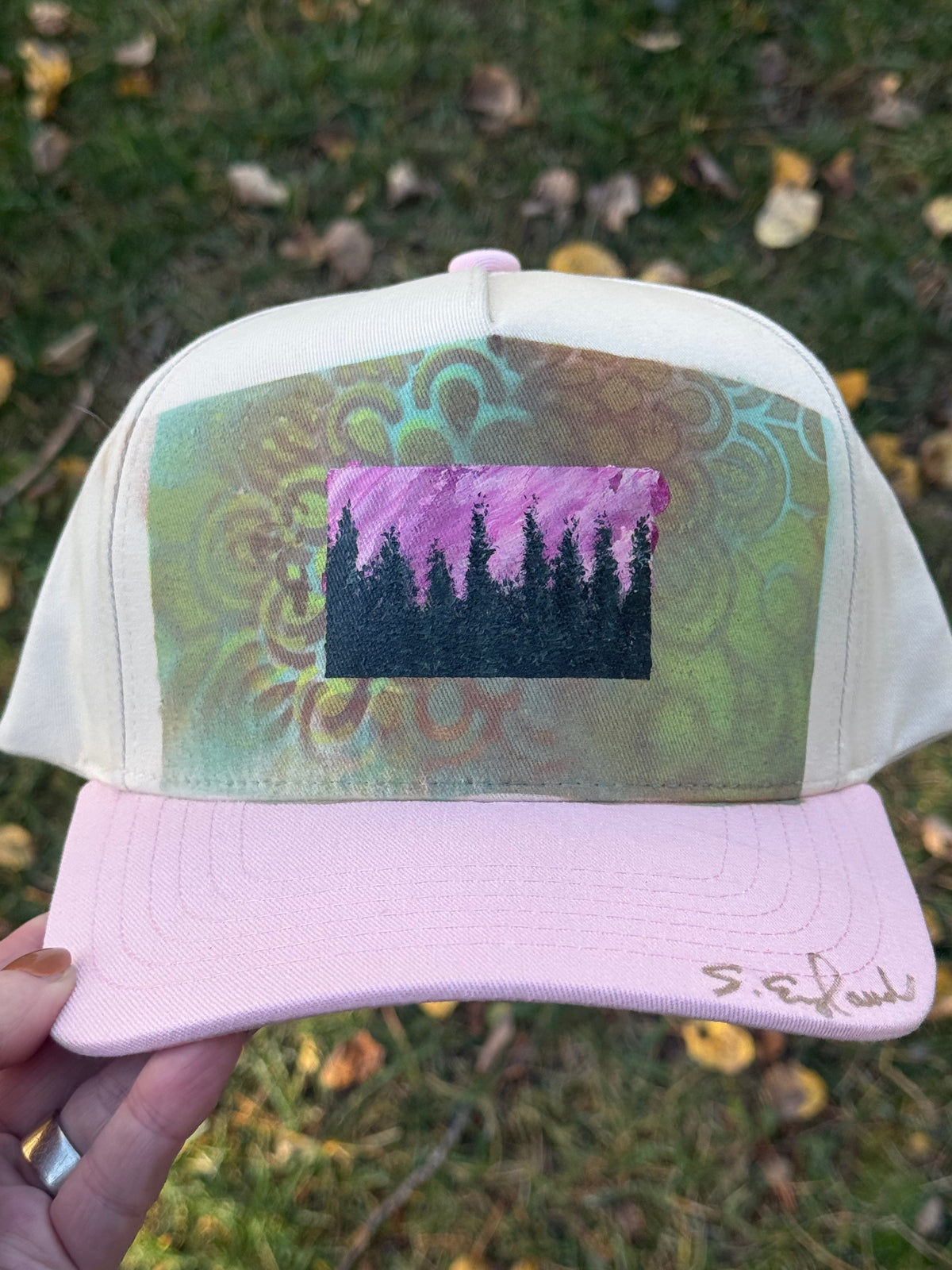 Hand painted art work on cream/pink canvas hat - abstract landscape vibes