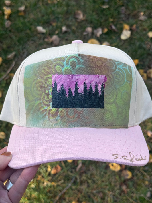 Hand painted art work on cream/pink canvas hat - abstract landscape vibes
