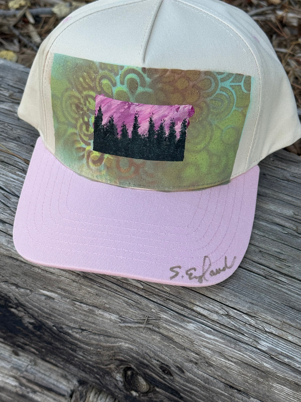 Hand painted art work on cream/pink canvas hat - abstract landscape vibes