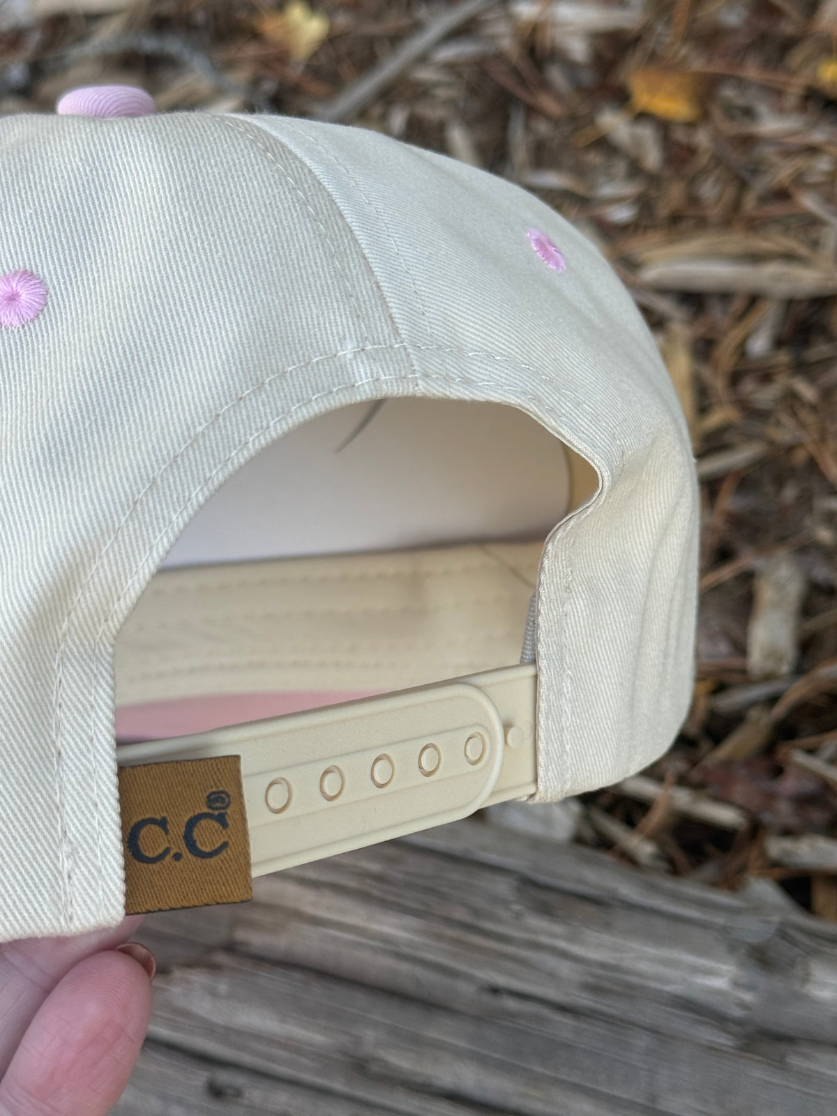 Hand painted art work on cream/pink canvas hat - abstract landscape vibes
