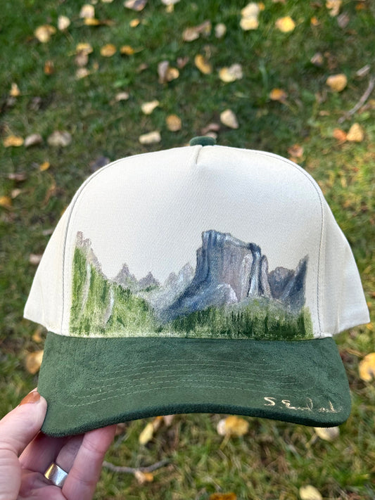 Hand painted cream/dark green baseball cap - Flat top mountains -favorite place