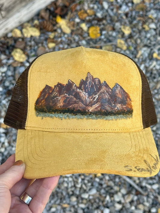 Hand painted yellow suede baseball hat- Grand Tetons Wyoming vibes