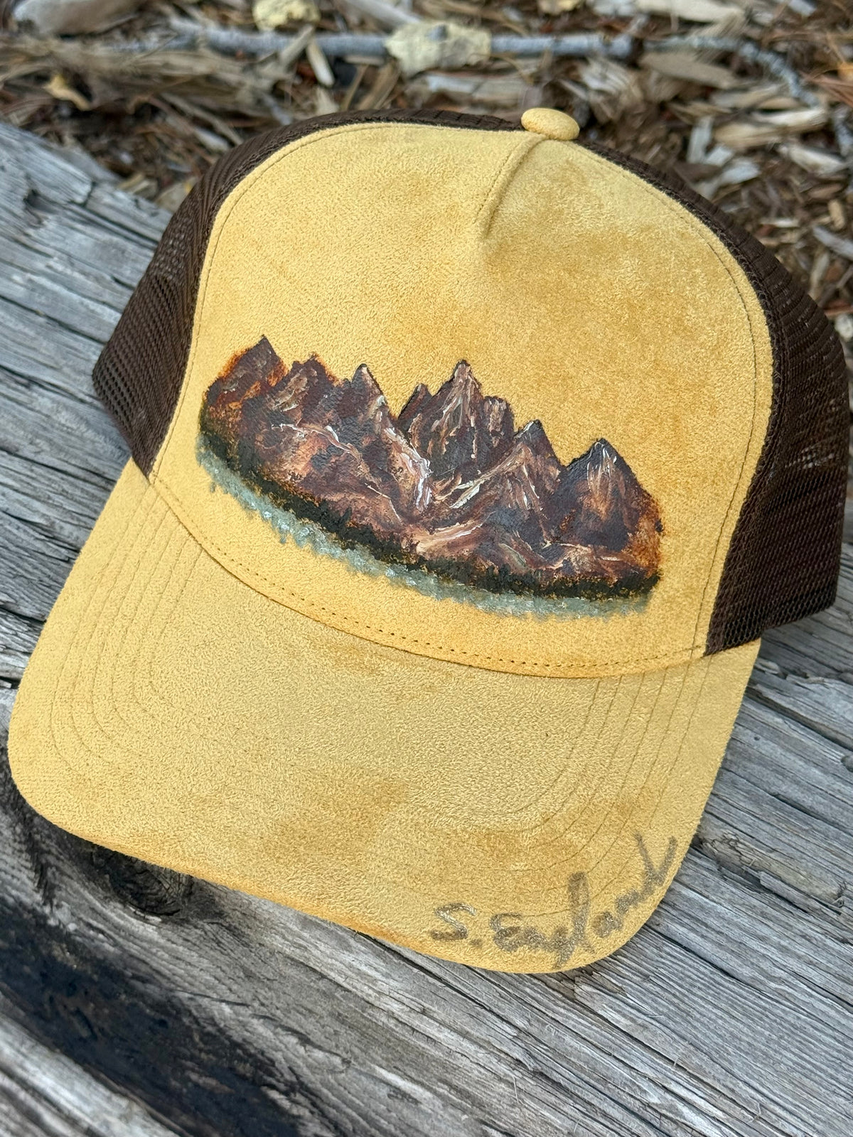 Hand painted yellow suede baseball hat- Grand Tetons Wyoming vibes