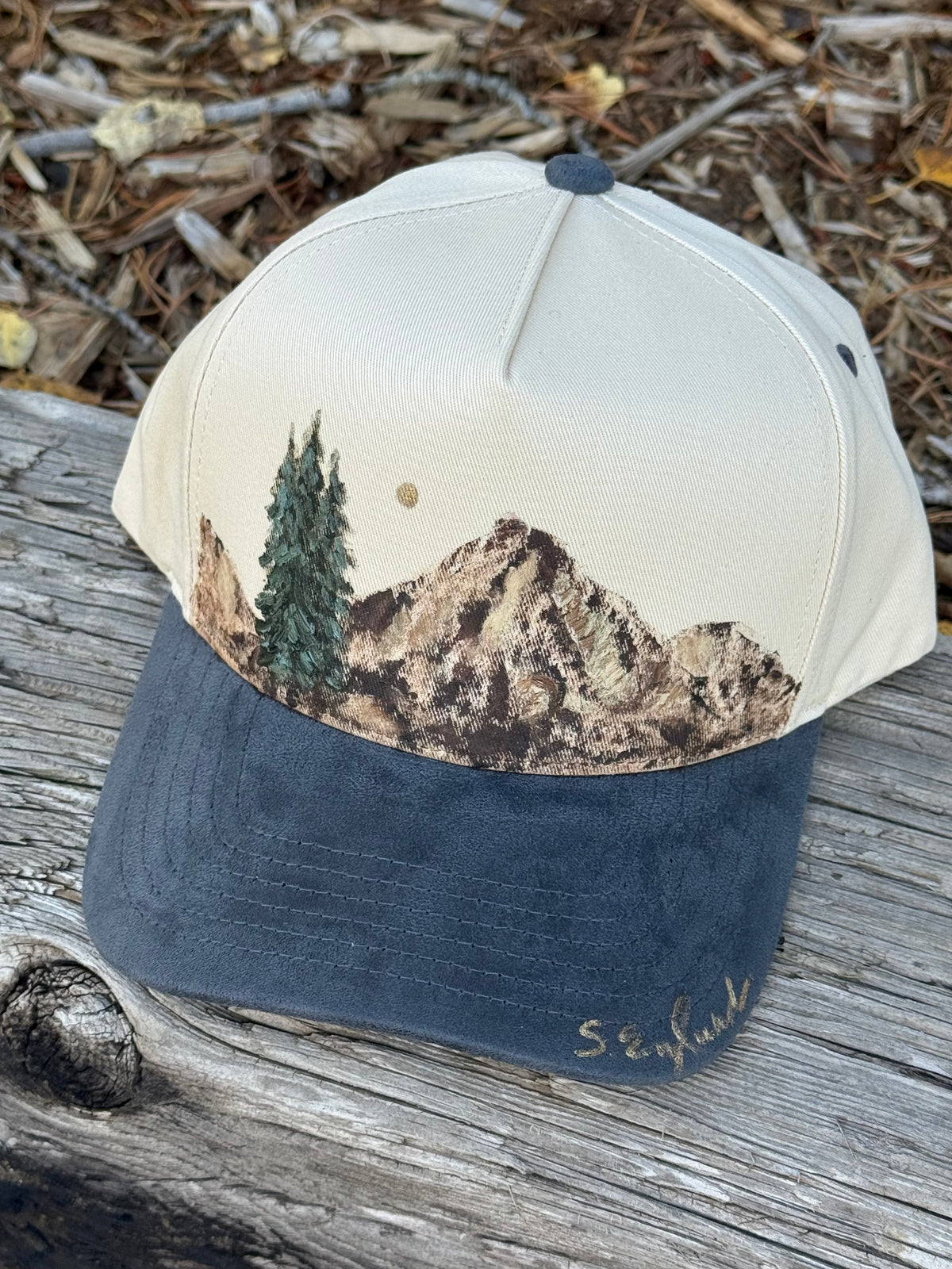 Hand painted canvas hat with soft grey suede brim - Mountain trail vibes