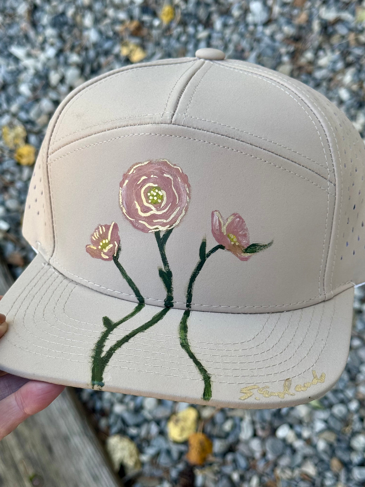 Hand painted wildflower art on tan waterproof flat brim hat