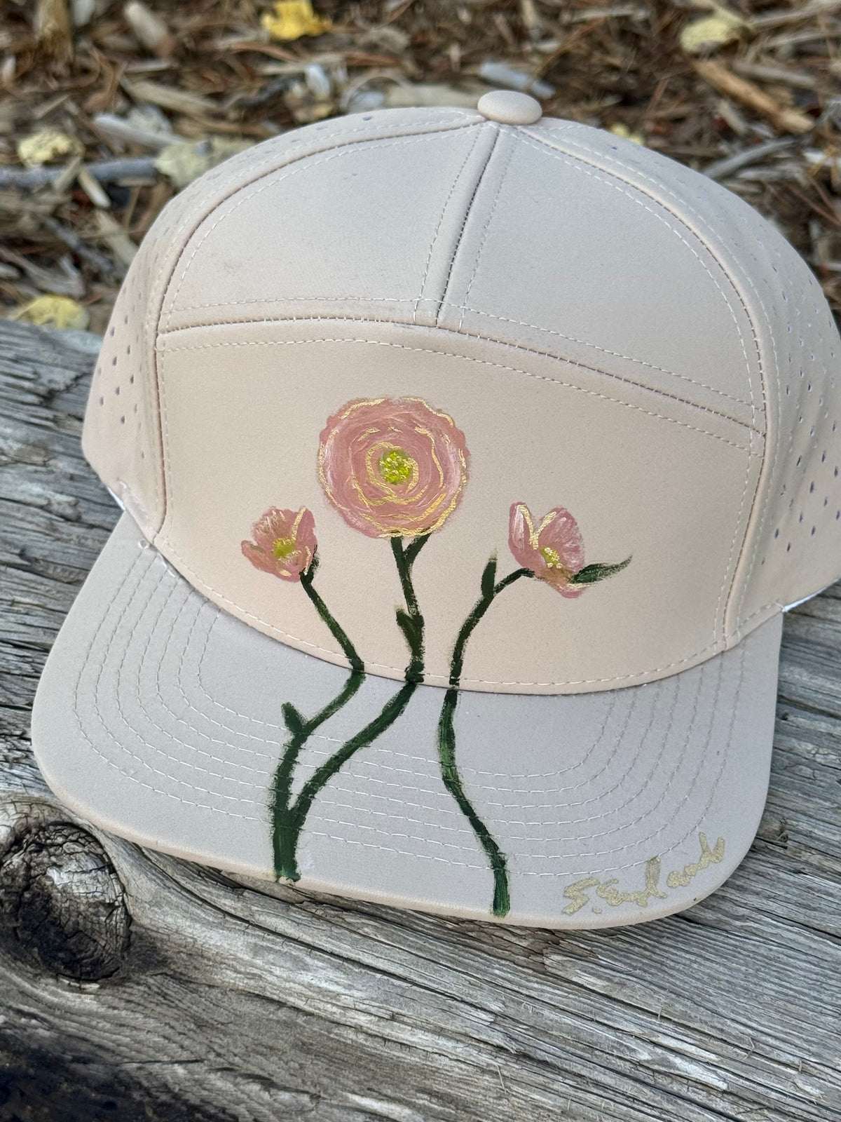 Hand painted wildflower art on tan waterproof flat brim hat