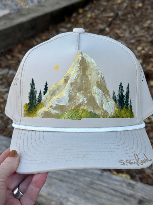 Hand painted light tan soft waterproof running cap - mountain vibes