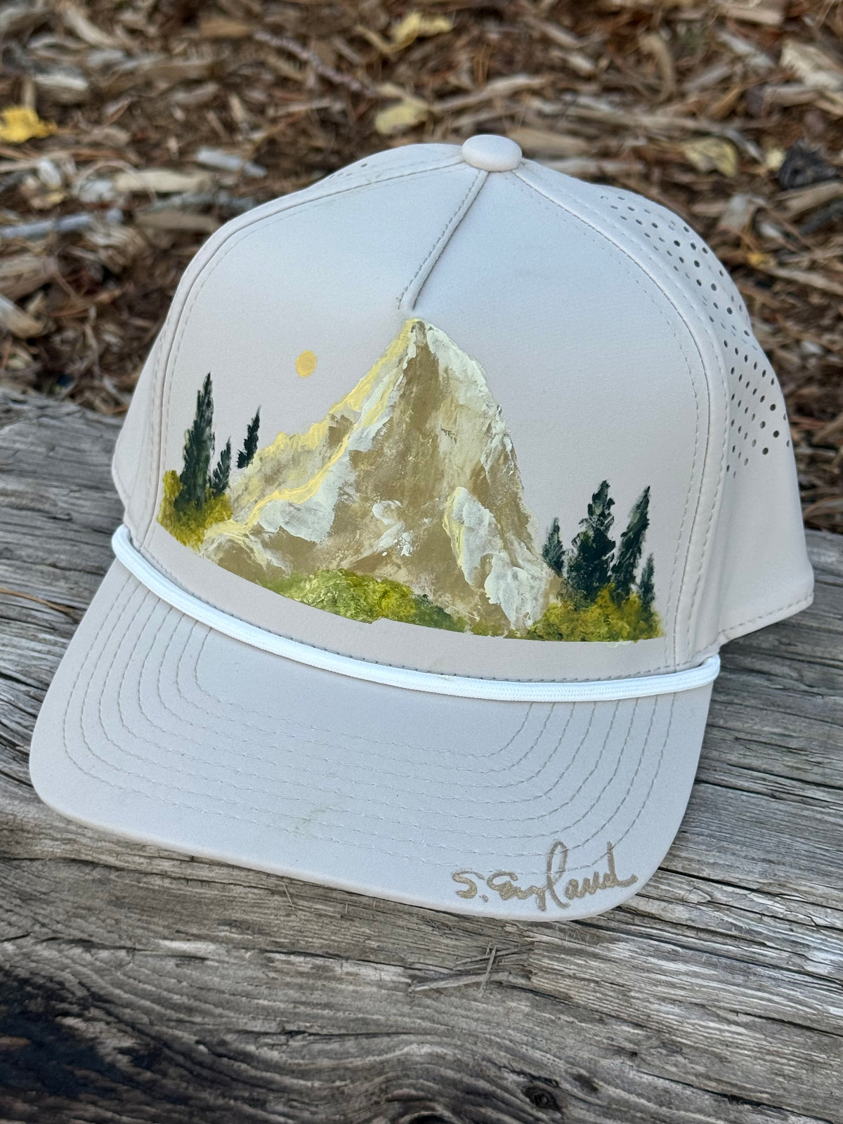 Hand painted light tan soft waterproof running cap - mountain vibes