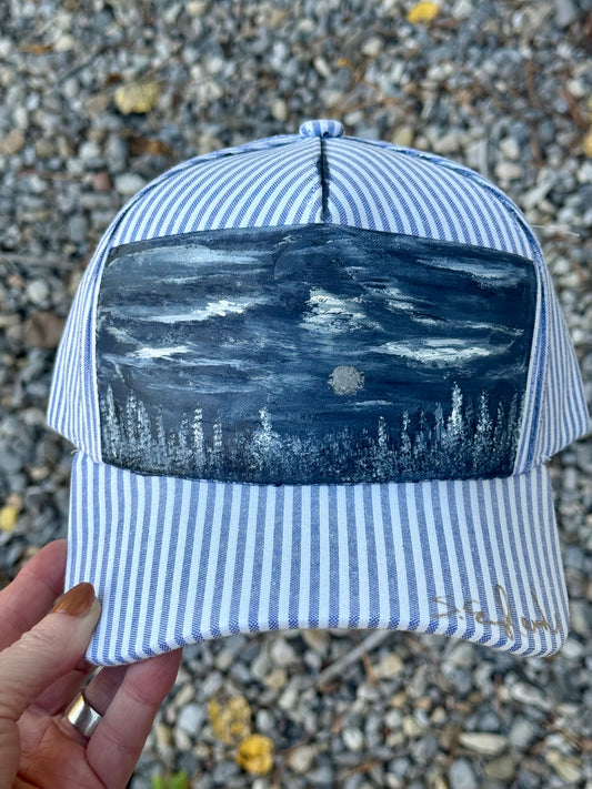 Hand painted blue/white stripped baseball cap - winter landscape