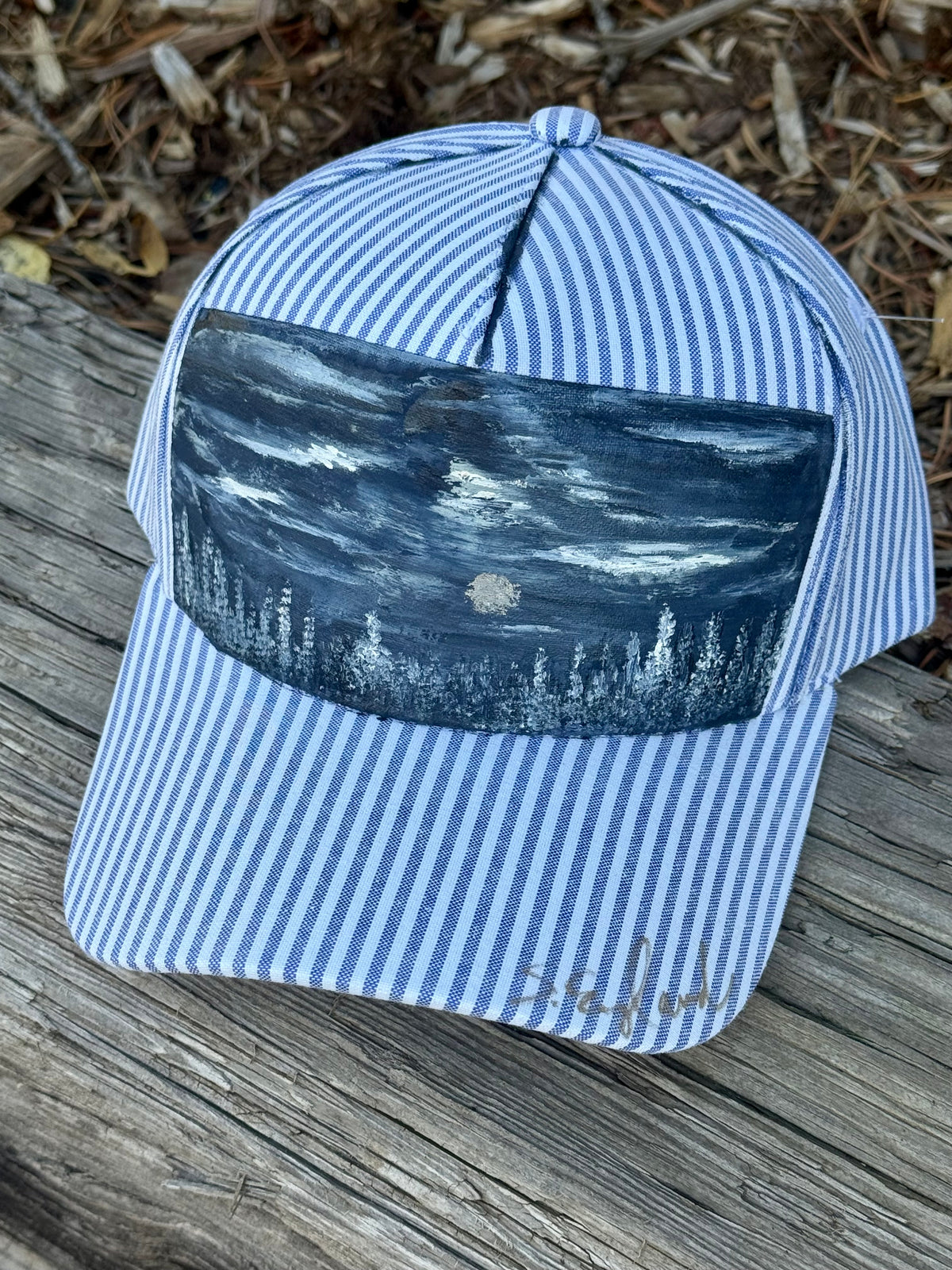 Hand painted blue/white stripped baseball cap - winter landscape