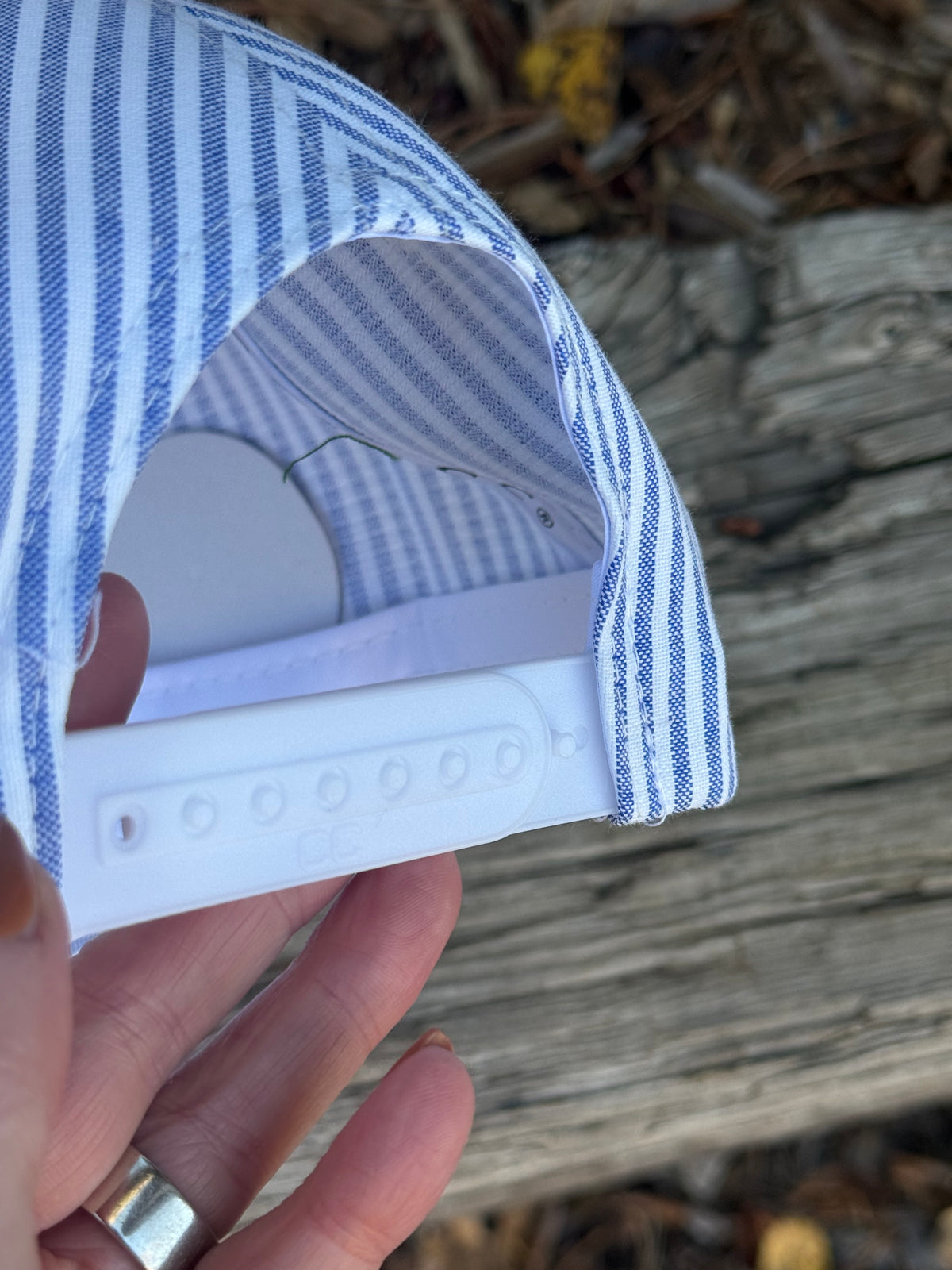 Hand painted blue/white stripped baseball cap - winter landscape