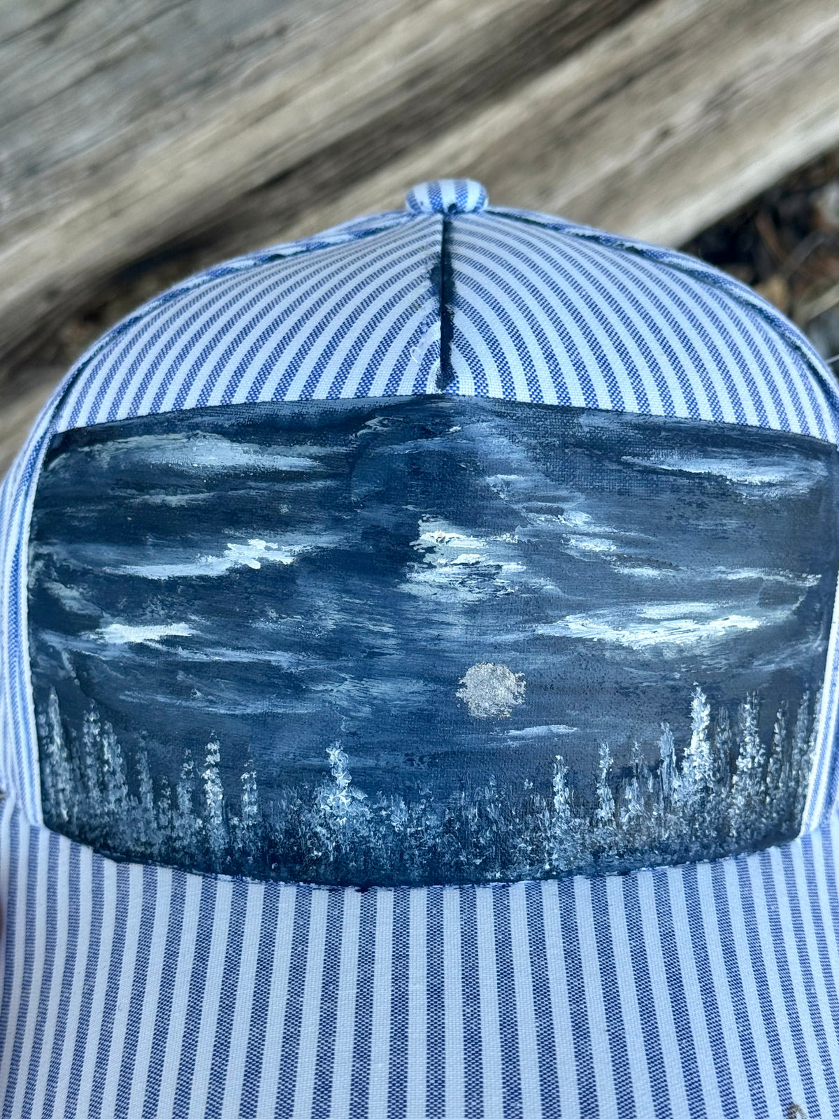Hand painted blue/white stripped baseball cap - winter landscape