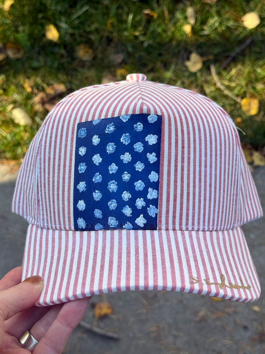 Hand painted red/white stripped baseball hat- American flag vibes