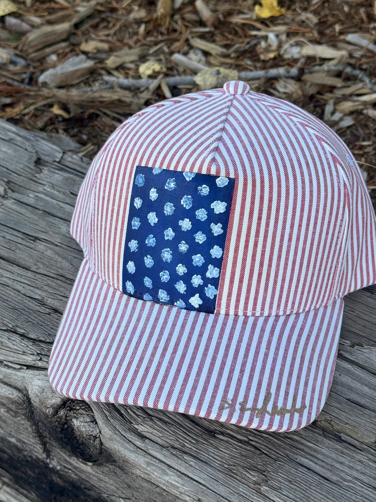 Hand painted red/white stripped baseball hat- American flag vibes