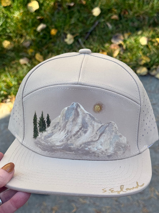 Hand painted light tan soft waterproof running baseball hap - mountain vibes