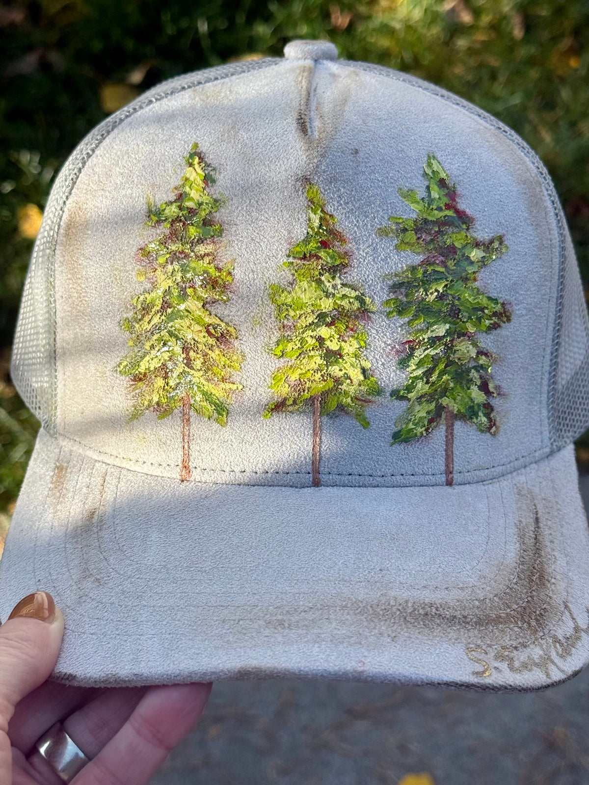 Hand painted light grey soft suede baseball cap - tree vibes