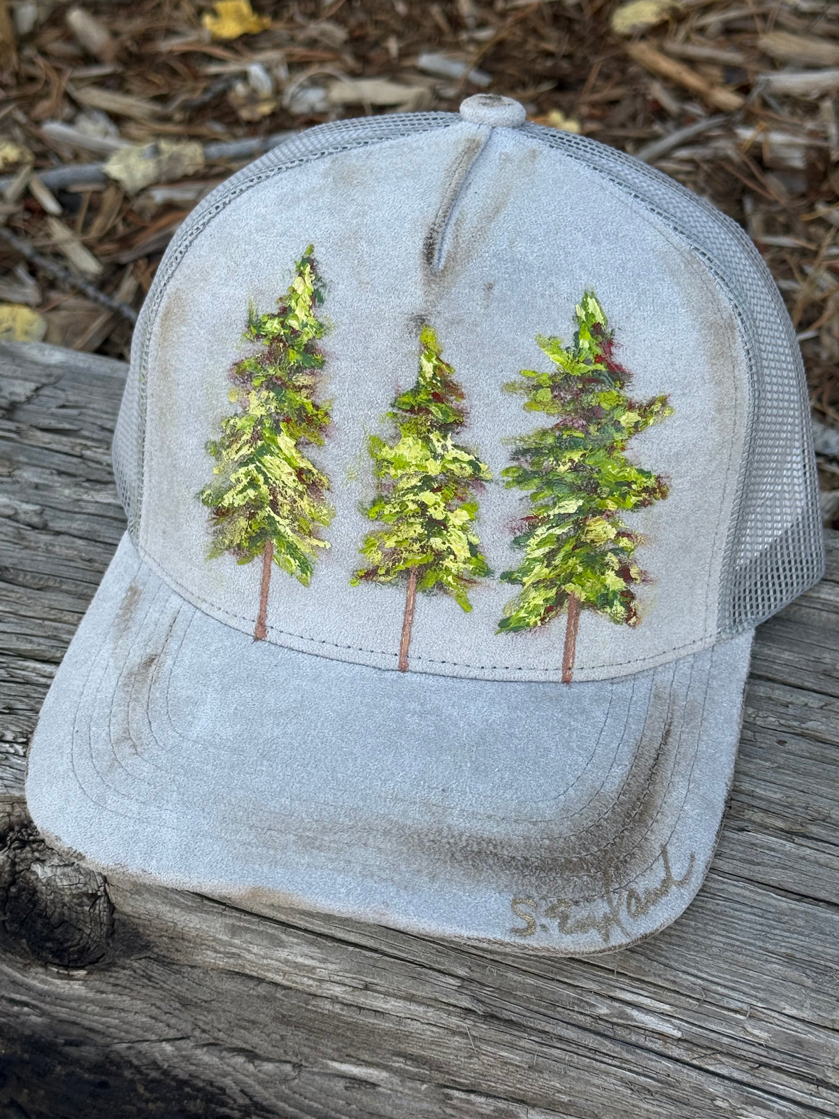 Hand painted light grey soft suede baseball cap - tree vibes