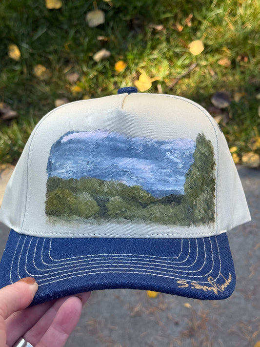 Hand painted cream/denim blue canvas baseball cap - rural country vibes