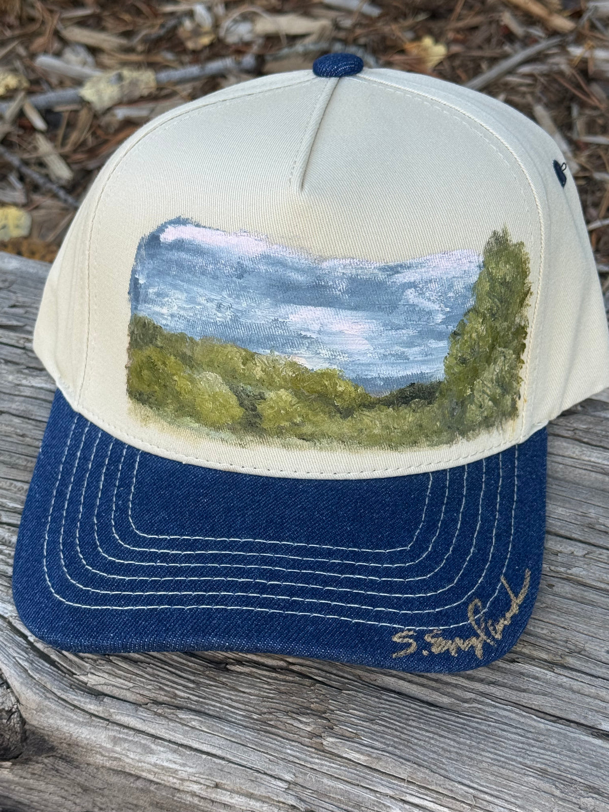 Hand painted cream/denim blue canvas baseball cap - rural country vibes