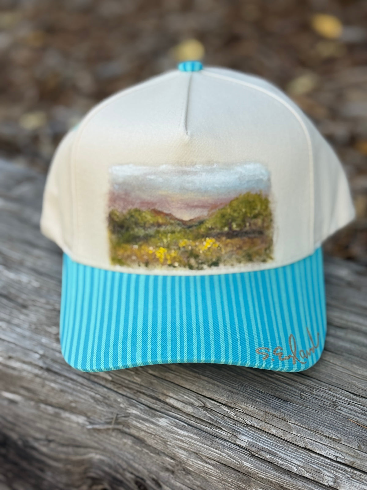 Hand painted cream/teal canvas ball cap - rural view vibes