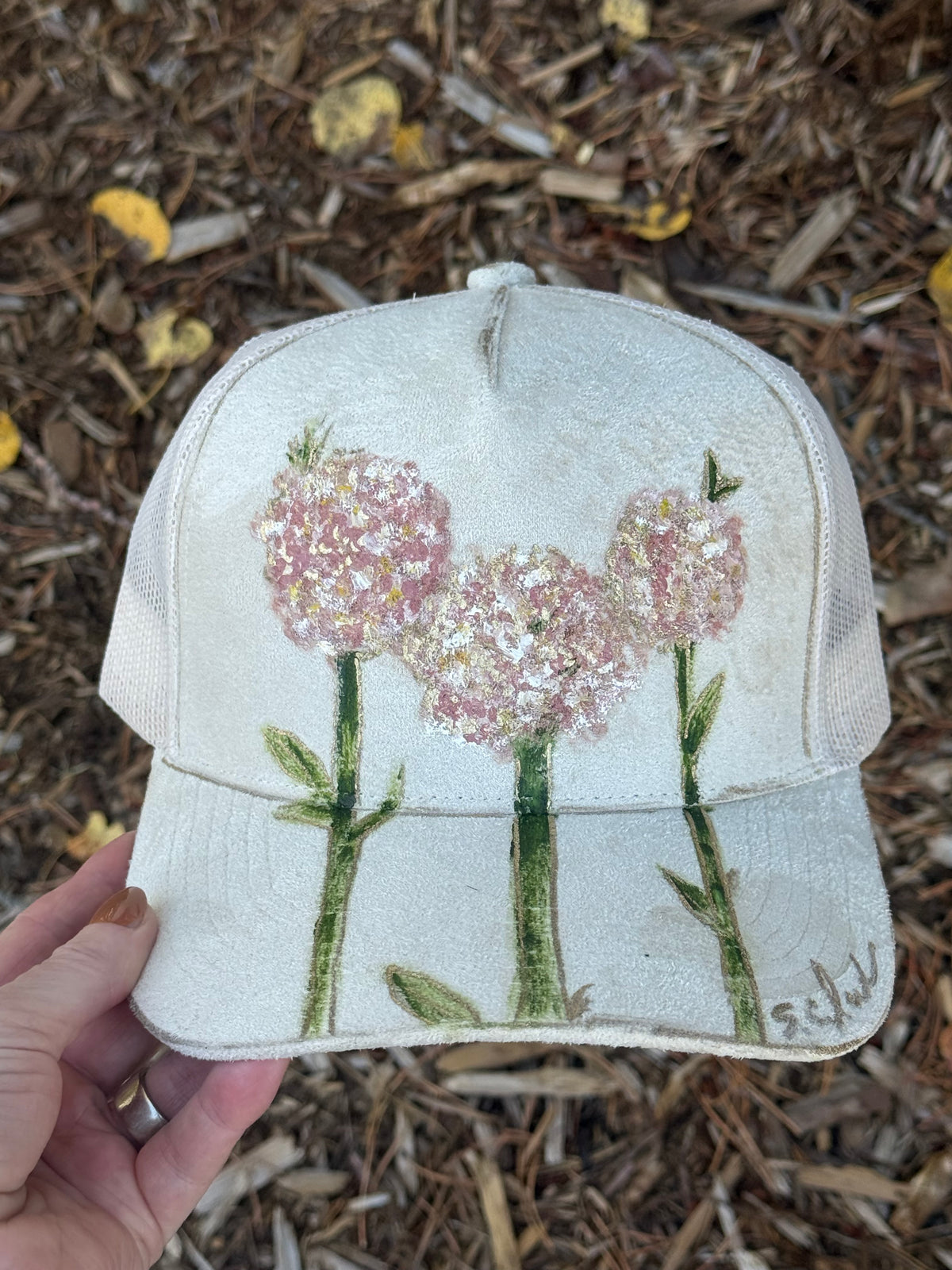 Hand painted baseball cap cream suede - begonia flower vibes