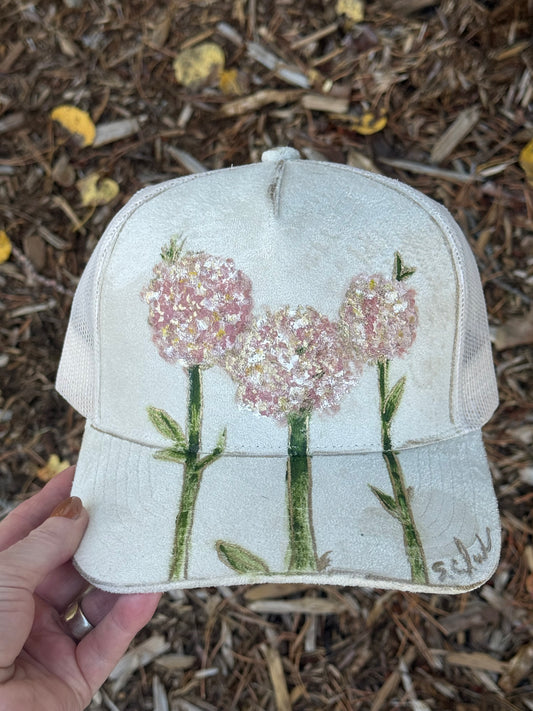 Hand painted baseball cap cream suede - begonia flower vibes