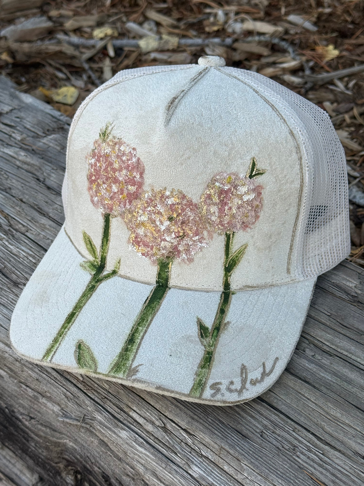 Hand painted baseball cap cream suede - begonia flower vibes