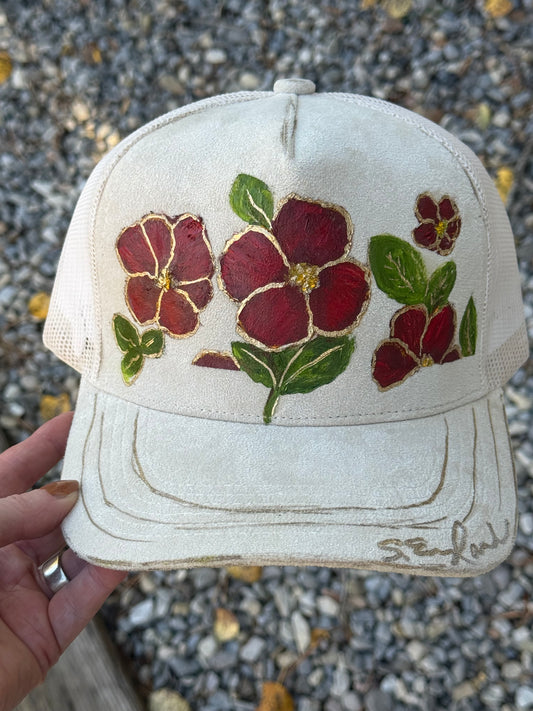 Hand painted soft light cream suede ball cap - pansie vibes