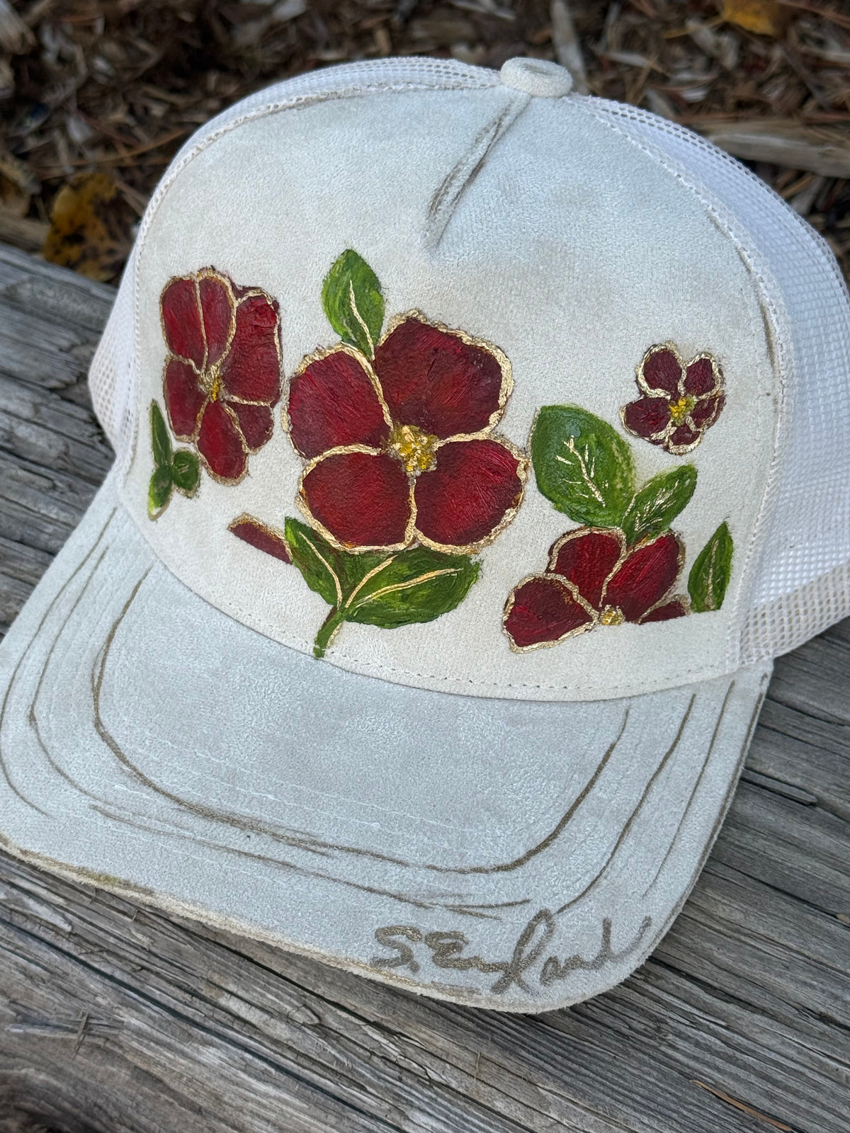 Hand painted soft light cream suede ball cap - pansie vibes