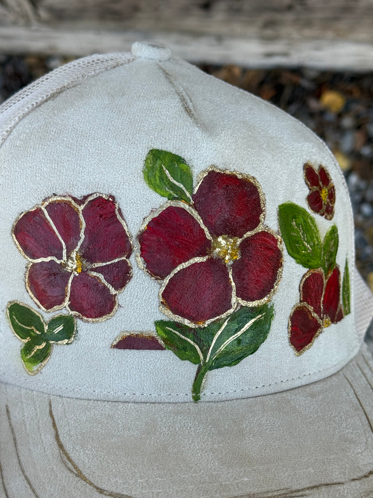 Hand painted soft light cream suede ball cap - pansie vibes