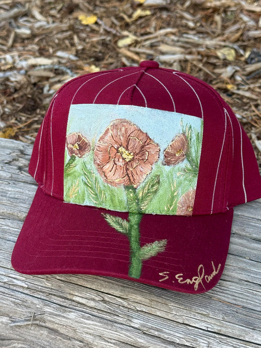 Hand painted baseball hat red/white stripes - poppy flower vibes