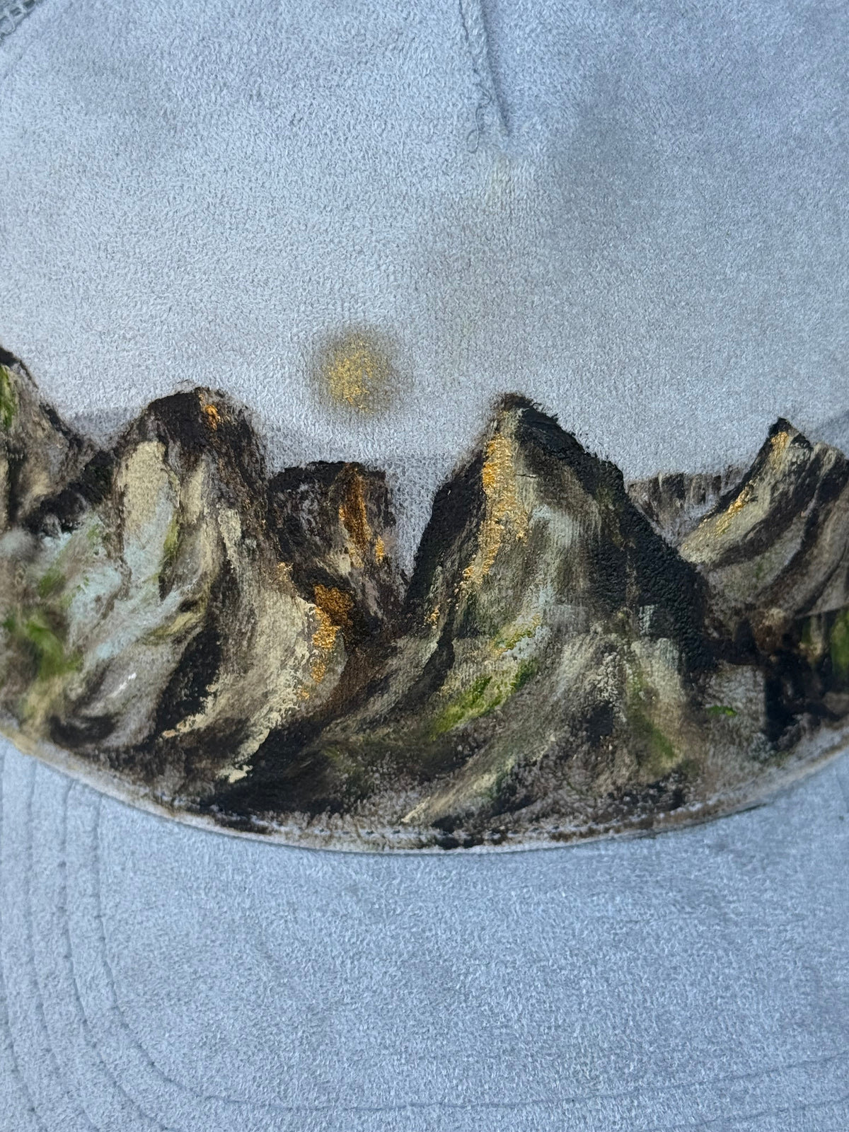 Hand painted on soft light grey suede hat - mountain drive vibes