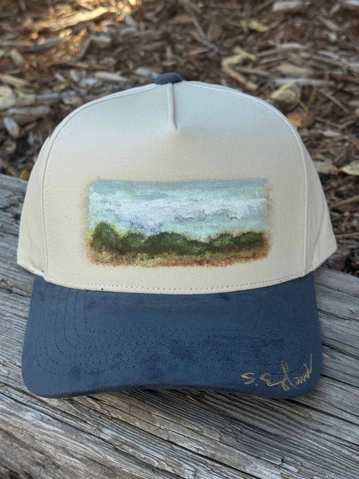 Hand painted cream cap/ grey suede brim- rolling hills vibes