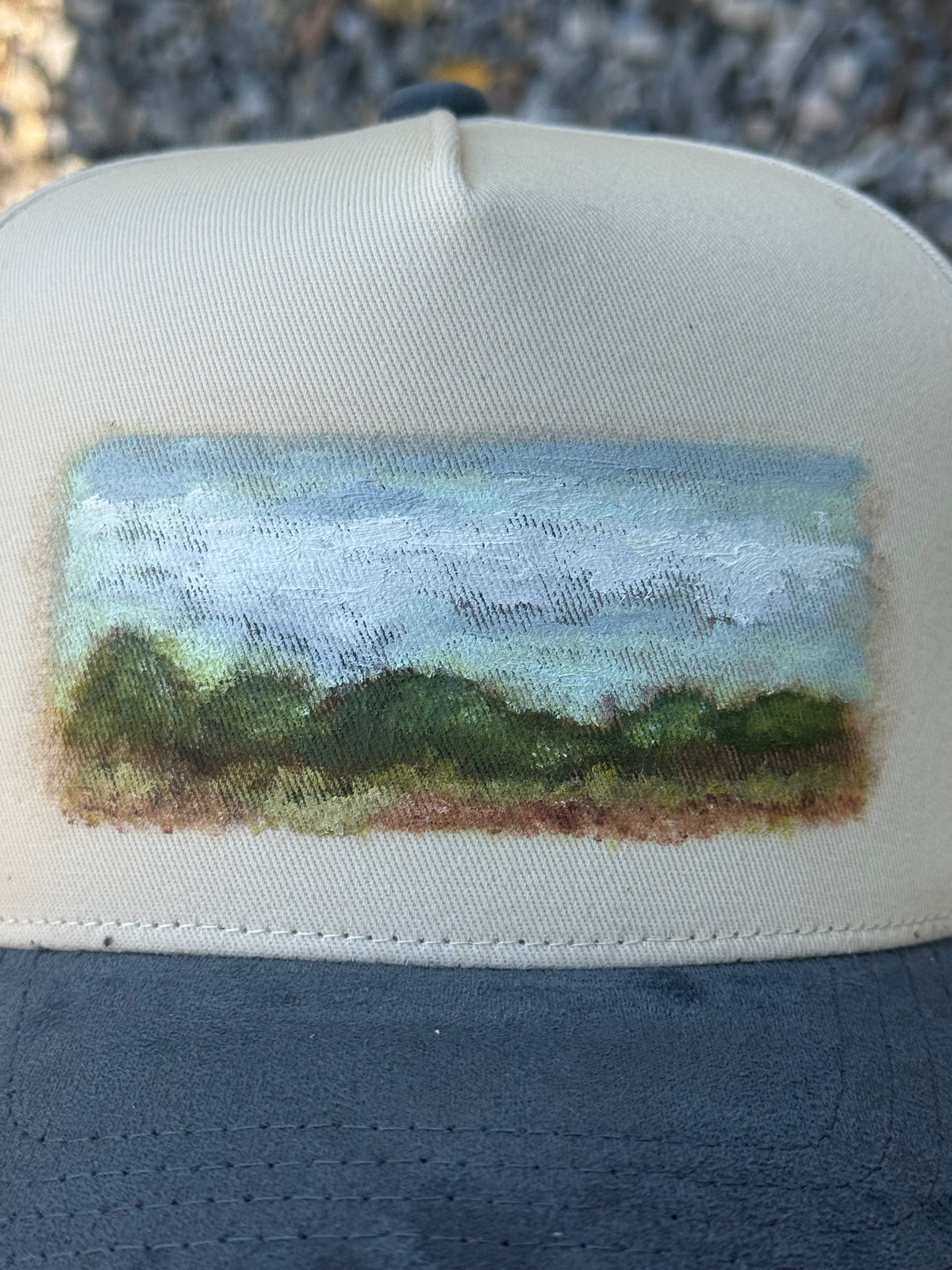 Hand painted cream cap/ grey suede brim- rolling hills vibes