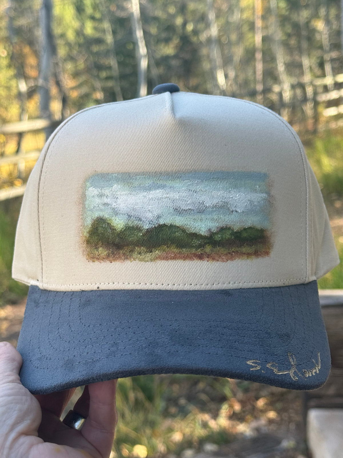 Hand painted cream cap/ grey suede brim- rolling hills vibes