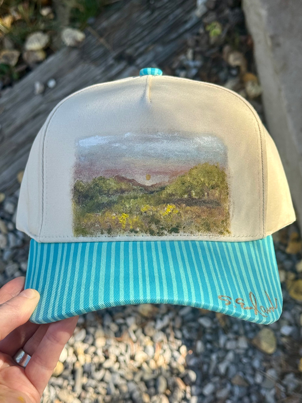 Hand painted cream/teal canvas ball cap - rural view vibes
