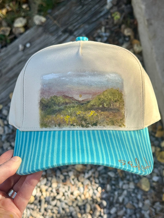 Hand painted cream/teal canvas ball cap - rural view vibes