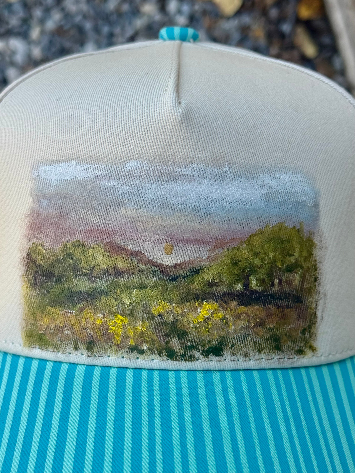 Hand painted cream/teal canvas ball cap - rural view vibes